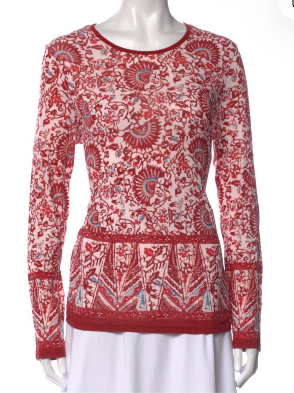 Tory Burch Red and Cream Long Sleeve Printed Top Size M